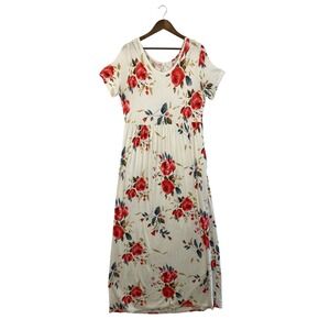 MOHSIIA Floral Maxi Dress White Red Roses Short Sleeve Empire Waist 2XL